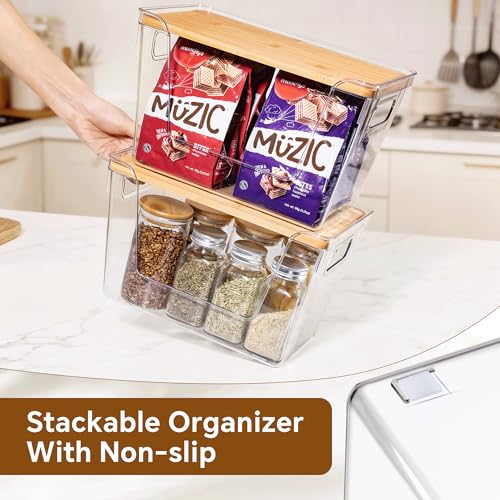 Criusia 2 Set Pantry Organizers and Storage with Bamboo Lids, Stackable Clear Bins for Onion, Potato, Fruit, Vegetables, Trash Bag Dispenser, Kitchen and Under Sink Organizer - My Kitchen Products