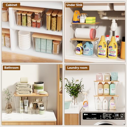 Criusia 2 Set Pantry Organizers and Storage with Bamboo Lids, Stackable Clear Bins for Onion, Potato, Fruit, Vegetables, Trash Bag Dispenser, Kitchen and Under Sink Organizer - My Kitchen Products