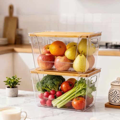 Criusia 2 Set Pantry Organizers and Storage with Bamboo Lids, Stackable Clear Bins for Onion, Potato, Fruit, Vegetables, Trash Bag Dispenser, Kitchen and Under Sink Organizer - My Kitchen Products