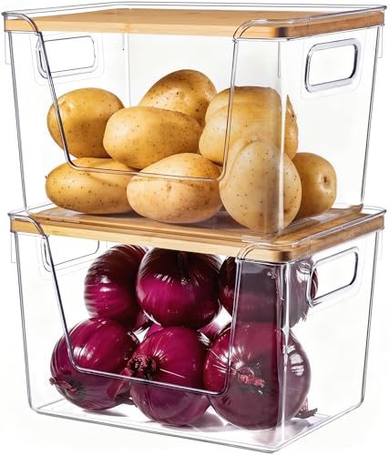 Criusia 2 Set Pantry Organizers and Storage with Bamboo Lids, Stackable Clear Bins for Onion, Potato, Fruit