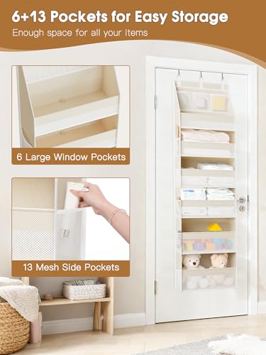 Criusia Over the Door Organizer, 6-Shelf Closet Hanging Storage with 13 Mesh Pockets, 55lbs Capacity Behind the Door Storage for Baby Nursery, Bathroom, Bedroom, and Dorm, Beige - My Kitchen Products