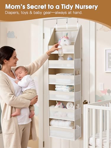 Criusia Over the Door Organizer, 6-Shelf Closet Hanging Storage with 13 Mesh Pockets, 55lbs Capacity Behind the Door Storage for Baby Nursery, Bathroom, Bedroom, and Dorm, Beige - My Kitchen Products