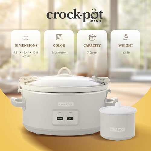 Crock-Pot 7 Quart Cook and Carry Slow Cooker with Touch Control, 4 Pre Programmed Settings, Removable Stoneware, and Locking Lid, Mushroom - My Kitchen Products