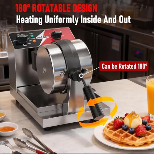 CROSSON Commercial Waffle Maker,Professional Round Belgian Waffle Maker Rotating 180° Non-Stick Plate Machine with Temp and Time Control for Restaurant Bakeries Kitchen 120V/1300W - My Kitchen Products