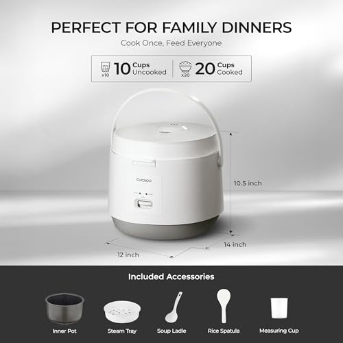 CUCKOO Basic Rice Cooker 10-Cup Uncooked / 20-Cup Cooked, Large Rice Maker and Warmer with Nonstick Inner Pot, Easy to Use with Auto Keep Warm, Includes Steam Tray, White (CR-1095) - My Kitchen Products