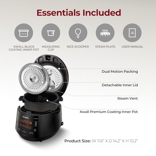 CUCKOO High Pressure Rice Cooker 6-Cup Uncooked / 12-Cup Cooked with Nonstick Inner Pot, Versatile Rice Maker with 12 Menu Options and Steam Plate, Fuzzy Logic Tech, Voice Guide, Black (CRP-P0609S) - My Kitchen Products