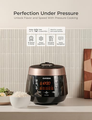CUCKOO High Pressure Rice Cooker 6-Cup Uncooked / 12-Cup Cooked with Nonstick Inner Pot, Versatile Rice Maker with 12 Menu Options and Steam Plate, Fuzzy Logic Tech, Voice Guide, Black (CRP-P0609S) - My Kitchen Products