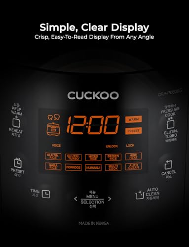 CUCKOO High Pressure Rice Cooker 6-Cup Uncooked / 12-Cup Cooked with Nonstick Inner Pot, Versatile Rice Maker with 12 Menu Options and Steam Plate, Fuzzy Logic Tech, Voice Guide, Black (CRP-P0609S) - My Kitchen Products