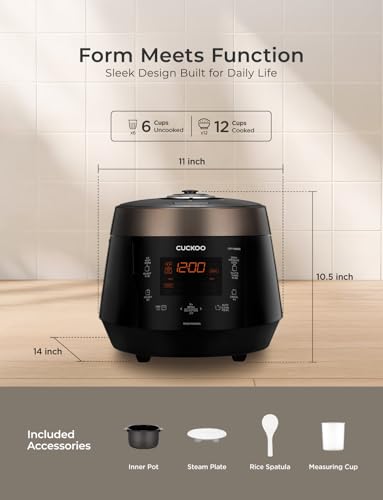 CUCKOO High Pressure Rice Cooker 6-Cup Uncooked / 12-Cup Cooked with Nonstick Inner Pot, Versatile Rice Maker with 12 Menu Options and Steam Plate, Fuzzy Logic Tech, Voice Guide, Black (CRP-P0609S) - My Kitchen Products