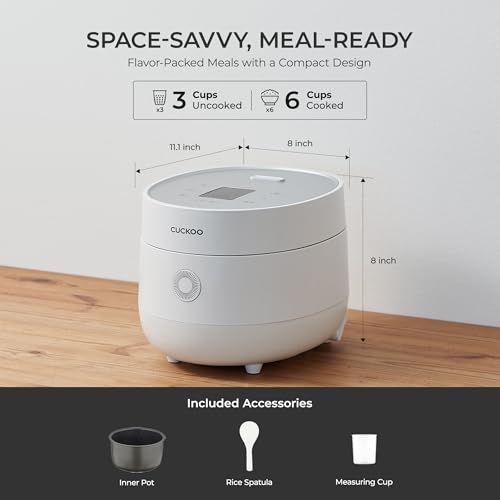 CUCKOO Micom Rice Cooker 3-Cup Uncooked / 6-Cup Cooked with Nonstick Inner Pot, Small Rice Maker with 8 Menu Options, Fuzzy Logic Technology, Auto Clean, Quick Rice Mode, White (CR-0375FW) - My Kitchen Products
