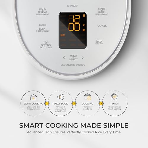 CUCKOO Micom Rice Cooker 3-Cup Uncooked / 6-Cup Cooked with Nonstick Inner Pot, Small Rice Maker with 8 Menu Options, Fuzzy Logic Technology, Auto Clean, Quick Rice Mode, White (CR-0375FW) - My Kitchen Products