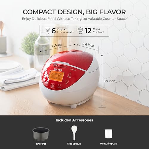 CUCKOO Micom Rice Cooker 6 Cup Uncooked / 12 Cup Cooked, Fuzzy Logic Rice Maker with Delay Timer & Keep Warm Setting, Versatile Food Steamer for Cooking, Non-Stick Inner Pot, Red (CR-0655F) - My Kitchen Products