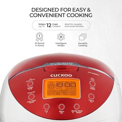 CUCKOO Micom Rice Cooker 6 Cup Uncooked / 12 Cup Cooked, Fuzzy Logic Rice Maker with Delay Timer & Keep Warm Setting, Versatile Food Steamer for Cooking, Non-Stick Inner Pot, Red (CR-0655F) - My Kitchen Products