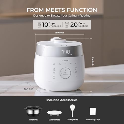 CUCKOO Twin Pressure Rice Cooker 10-Cup Uncooked / 20-Cup Cooked with Induction Heating Technology, 20 Menu Modes with Voice Guide, Large Rice Maker Multi-Cooker & Pressure Cooker (CRP-LHTR1009FW) - My Kitchen Products