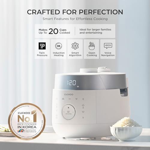 CUCKOO Twin Pressure Rice Cooker 10-Cup Uncooked / 20-Cup Cooked with Induction Heating Technology, 20 Menu Modes with Voice Guide, Large Rice Maker Multi-Cooker & Pressure Cooker (CRP-LHTR1009FW) - My Kitchen Products