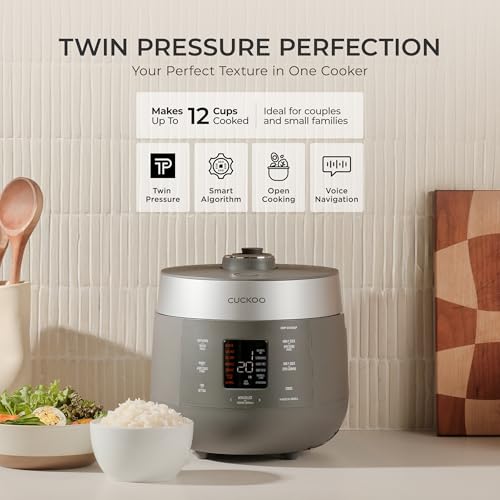 CUCKOO Twin Pressure Rice Cooker 6-Cup Uncooked / 12-Cup Cooked with Nonstick Inner Pot, Versatile Rice Maker & Warmer with 16 Menu Options, Open Cooking Mode, Voice Guide, Gray (CRP-ST0609FG) - My Kitchen Products