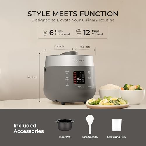 CUCKOO Twin Pressure Rice Cooker 6-Cup Uncooked / 12-Cup Cooked with Nonstick Inner Pot, Versatile Rice Maker & Warmer with 16 Menu Options, Open Cooking Mode, Voice Guide, Gray (CRP-ST0609FG) - My Kitchen Products