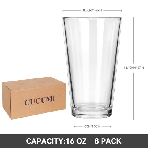 CUCUMI 8pcs 16oz Beer Pint Glasses, Drinking Glasses Set of 8 Highball Glasses Water Cups for Cold Beverages - My Kitchen Products