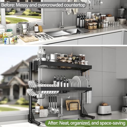 CUISIBOT Over Sink Dish Drying Rack, 3-Tier Full Stainless Steel Drainer Dish Rack Adjustable 20.9''-37.4'', Expandable Multifunctional Kitchen Organizer - My Kitchen Products