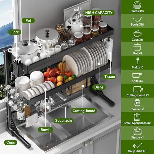 CUISIBOT Over Sink Dish Drying Rack, 3-Tier Full Stainless Steel Drainer Dish Rack Adjustable 20.9''-37.4'', Expandable Multifunctional Kitchen Organizer - My Kitchen Products