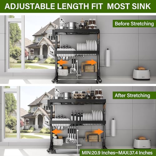 CUISIBOT Over Sink Dish Drying Rack, 3-Tier Full Stainless Steel Drainer Dish Rack Adjustable 20.9''-37.4'', Expandable Multifunctional Kitchen Organizer - My Kitchen Products