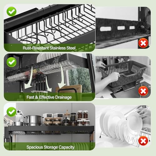 CUISIBOT Over Sink Dish Drying Rack, 3-Tier Full Stainless Steel Drainer Dish Rack Adjustable 20.9''-37.4'', Expandable Multifunctional Kitchen Organizer - My Kitchen Products
