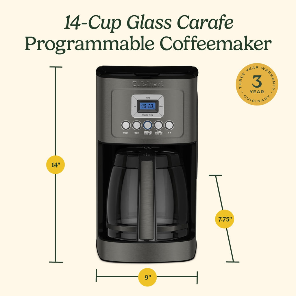 Cuisinart 14-Cup Coffee Maker, Programmable PerfecTemp Glass Carafe Coffee Machine with 1-4 Cup Setting, Brew Strength Control and Pause, Stainless Steel, DCC-3200BKSNAS, Black - My Kitchen Products