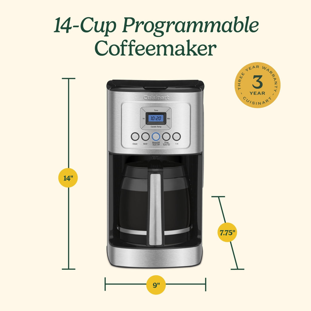 Cuisinart 14-Cup Coffee Maker, Programmable PerfecTemp Glass Carafe Coffee Machine with 1-4 Cup Setting, Brew Strength Control and Pause, Stainless Steel, DCC-3200NAS - My Kitchen Products