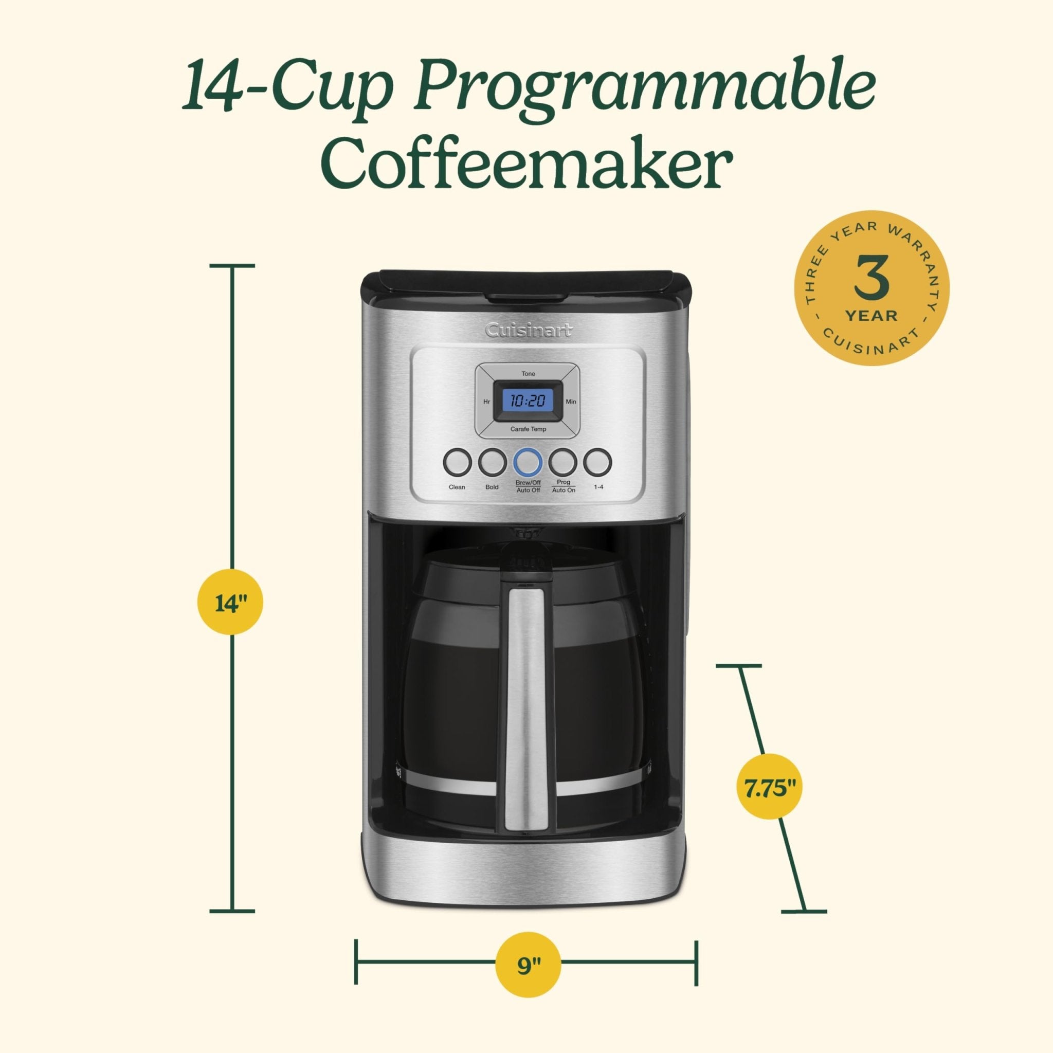 Cuisinart 14-Cup Coffee Maker, Programmable PerfecTemp Glass Carafe Coffee Machine with 1-4 Cup Setting, Brew Strength Control and Pause, Stainless Steel, DCC-3200NAS - My Kitchen Products