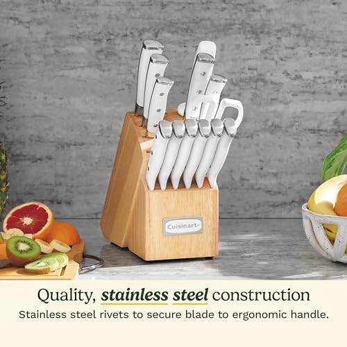 Cuisinart 15-Piece Knife Set with Block, High Carbon Stainless Steel, Forged Triple Rivet, White, C77WTR-15P - My Kitchen Products