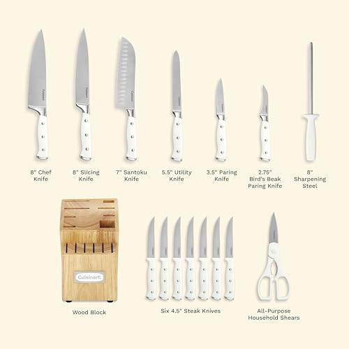 Cuisinart 15-Piece Knife Set with Block, High Carbon Stainless Steel, Forged Triple Rivet, White, C77WTR-15P - My Kitchen Products