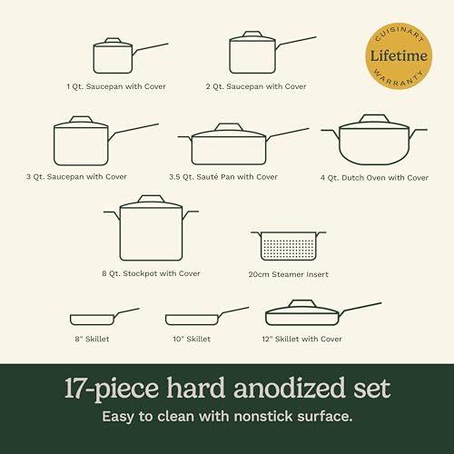 Cuisinart 17-Piece Pots and Pans Set, Non Stick Hard Anodized Cookware Set, Compatible with Electric, Gas Cooktops, Dishwasher Safe, Oven Safe Pot Set, Cool Grip Handles, Aluminum Core for Even Heat - My Kitchen Products