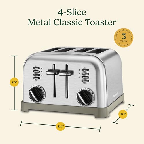 Cuisinart 4 Slice Compact Stainless Steel Toaster with Extra-Wide Slots for Bread, French Toast, Bagels & Pastries, Defrost & Reheat Functions, CPT-180P1, Brushed Stainless, Removable Crumb Tray - My Kitchen Products