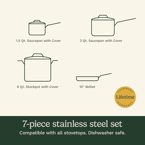 Cuisinart 7-Piece Stainless Steel Pots and Pans Set, Cookware Set Compatible with Induction, Electric, Gas Cooktops, Aluminum Core for Quick Even Heat, Cool Grip Handles, Dishwasher Safe, Oven Safe - My Kitchen Products