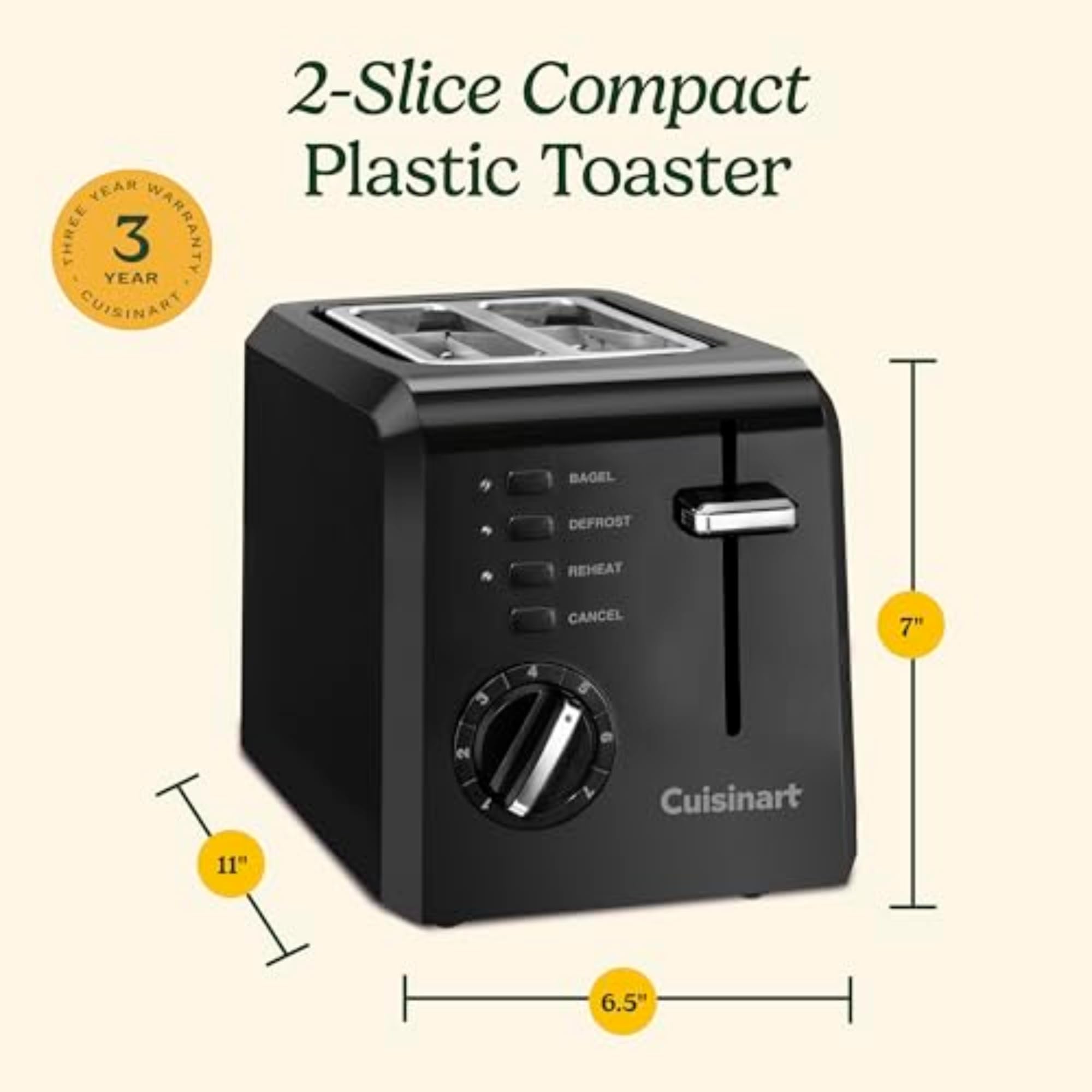 Cuisinart CPT-122BK 2-Slice Compact Plastic Toaster, Slots for Bagels & Bread, 7 Shade Settings, Cancel/Defrost/Reheat Functions, Removable Crumb Tray, Small Kitchen Appliance for Home & Office, Black - My Kitchen Products