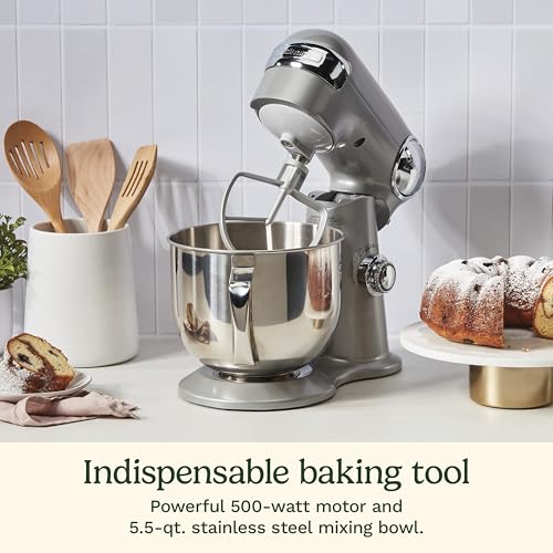 Cuisinart Stand Mixer, 12 Speeds, 5.5-Quart Mixing Bowl, Chef's Whisk, Flat Mixing Paddle, Dough Hook, and Splash Guard with Pour Spout, Silver Lining, SM-50BCNAS, Silver Lining - My Kitchen Products