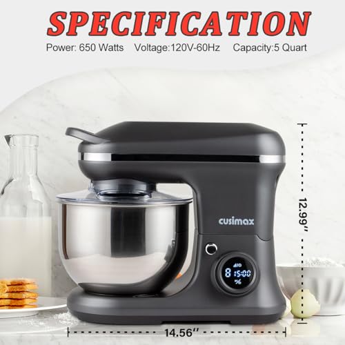 CUSIMAX Stand Mixer, Dough Mixer with Digital Switch Control Timer 15mins & 8-Speed, 5-Quart 650W kitchen Electric Mixer, Tilt-Head with handle, Dough Hook, Wire Whip & Beater, Grey - My Kitchen Products