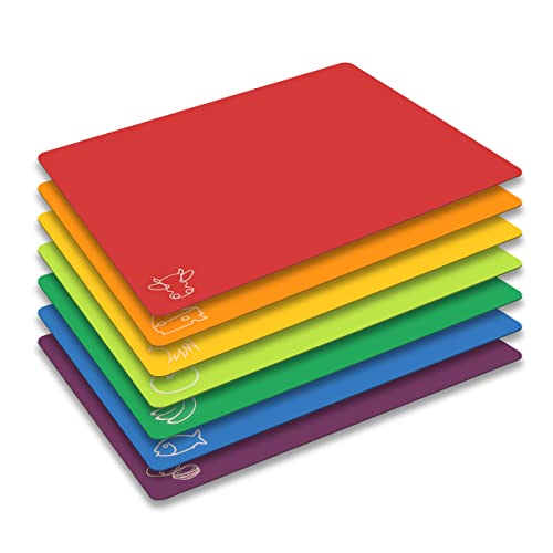 Cutting Board Mats Flexible Plastic Colored Mats with Food Icons, Fotouzy BPA-Free, Non-Porous, Anti-skid back and Dishwasher Safe, Set of 7 Rainbow - 7 Pieces - My Kitchen Products