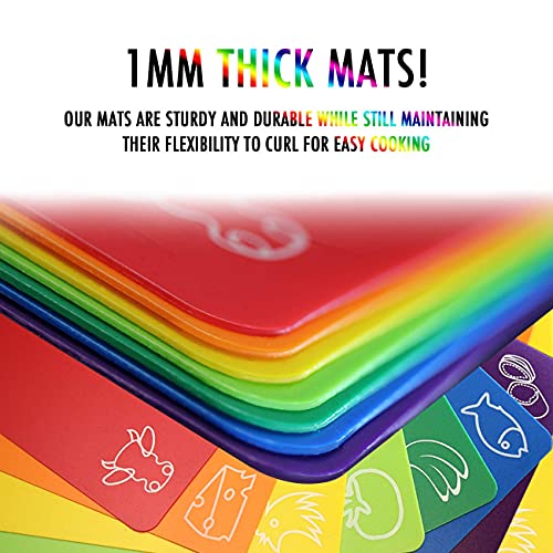 Cutting Board Mats Flexible Plastic Colored Mats with Food Icons, Fotouzy BPA-Free, Non-Porous, Anti-skid back and Dishwasher Safe, Set of 7 Rainbow - 7 Pieces - My Kitchen Products