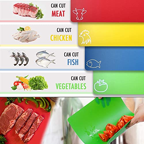 Cutting Board Mats Flexible Plastic Colored Mats with Food Icons, Fotouzy BPA-Free, Non-Porous, Anti-skid back and Dishwasher Safe, Set of 7 Rainbow - 7 Pieces - My Kitchen Products