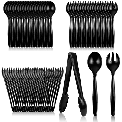 CXPSINC Disposable Plastic Serving Utensils Set 18-Piece, Including 6 Black Plastic Serving Spoons, 6 Tongs & 6