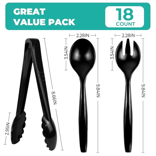 CXPSINC Disposable Plastic Serving Utensils Set 18-Piece, Including 6 Black Plastic Serving Spoons, 6 Tongs & 6 Forks, Disposable Serving Utensils For Catering Buffets Events (Black, 18pcs Utensils) - My Kitchen Products