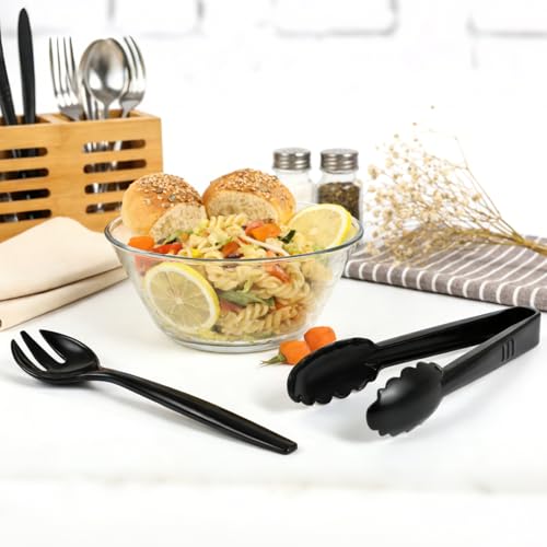 CXPSINC Disposable Plastic Serving Utensils Set 18-Piece, Including 6 Black Plastic Serving Spoons, 6 Tongs & 6 Forks, Disposable Serving Utensils For Catering Buffets Events (Black, 18pcs Utensils) - My Kitchen Products