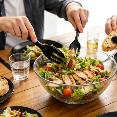 CXPSINC Disposable Plastic Serving Utensils Set 18-Piece, Including 6 Black Plastic Serving Spoons, 6 Tongs & 6 Forks, Disposable Serving Utensils For Catering Buffets Events (Black, 18pcs Utensils) - My Kitchen Products