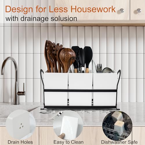 Czlizdyt Large Kitchen Utensil Holder, Drainage Utensil Caddy for Countertop, 3pcs Bins Set Cooking Utensil Organizer for Spoons, Spatulas, White - My Kitchen Products