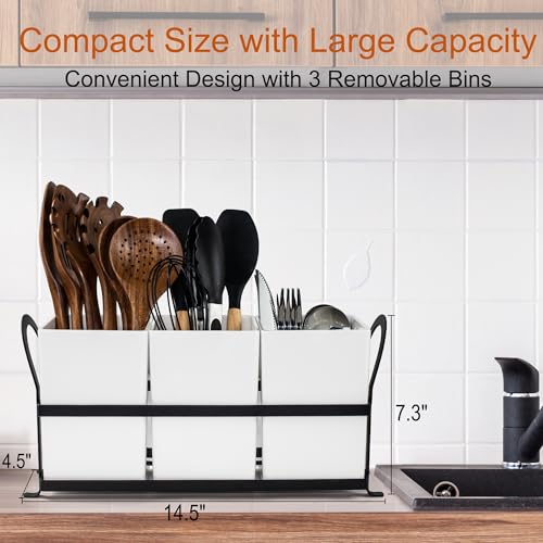 Czlizdyt Large Kitchen Utensil Holder, Drainage Utensil Caddy for Countertop, 3pcs Bins Set Cooking Utensil Organizer for Spoons, Spatulas, White - My Kitchen Products
