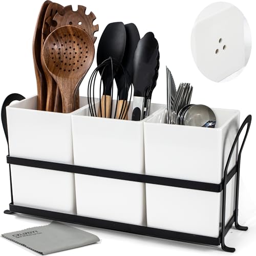 Czlizdyt Large Kitchen Utensil Holder, Drainage Utensil Caddy for Countertop, 3pcs Bins Set Cooking Utensil Organizer