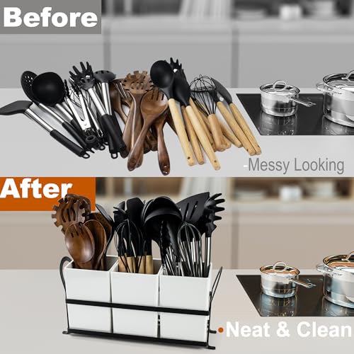 Czlizdyt Large Kitchen Utensil Holder, Drainage Utensil Caddy for Countertop, 3pcs Bins Set Cooking Utensil Organizer for Spoons, Spatulas, White - My Kitchen Products