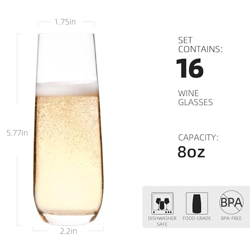 CZUMJJ Stemless Champagne Flutes Set of 16, 8 oz Clear Toasting Glasses, Mimosa glasses - My Kitchen Products