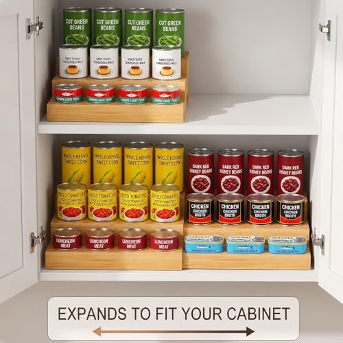 D-werack Expandable 3-Tier Wooden Can Organizer for Pantry, Adjustable Shelf Holds 24 Cans, Storage Rack for Cabinet & Countertop, Space Saving Pantry Organizer for Small Kitchens and Apartments - My Kitchen Products